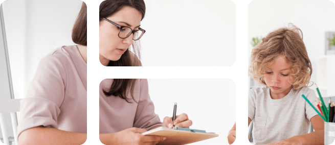 Boy drawing picture while psychologist taking notes during therapy